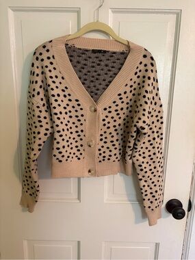 Papermoon Beige and Black Polka Dot V-Neck Cardigan